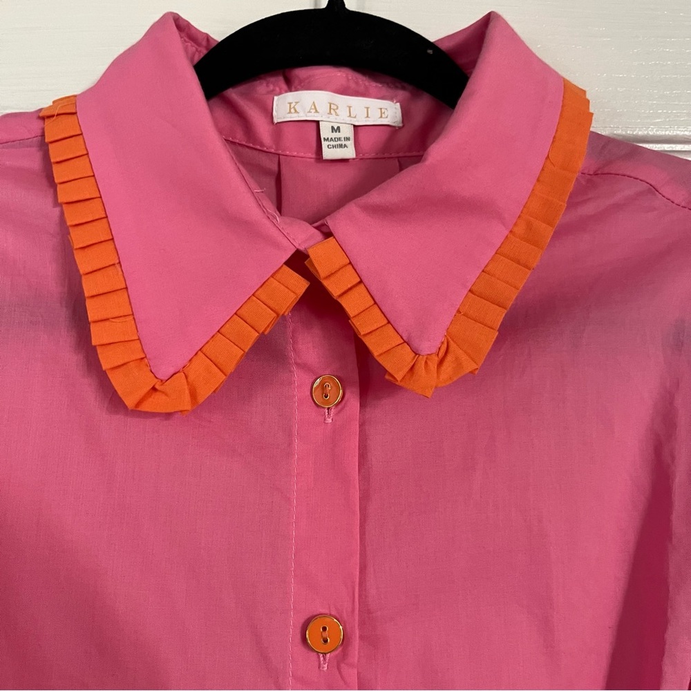 Karlie Pink and Orange Puff Sleeve Button-Up Top - Picture 4 of 7